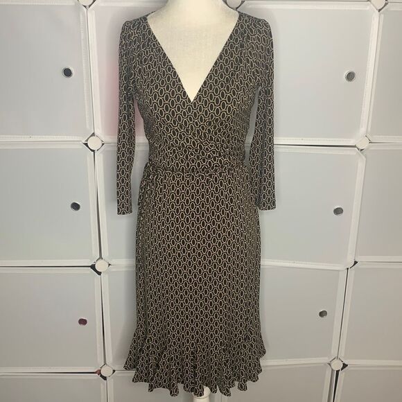 Maggy London Black & Tan Faux Wrap Peplum Trim Dress Size 4P - Picture 1 of 11